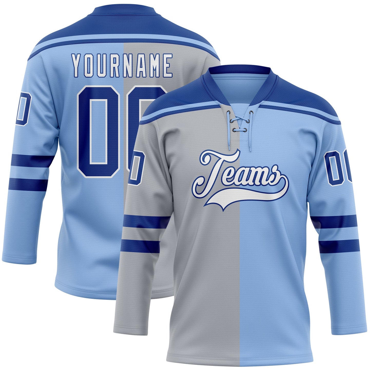 Custom Light Blue Royal Gray-White Split Fashion Hockey Lace Neck Jersey - Main View