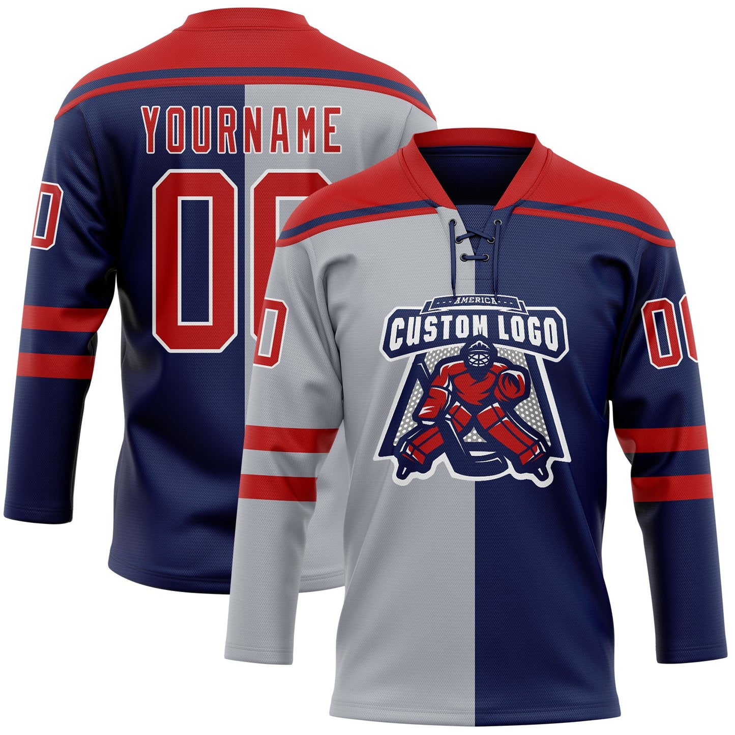 Custom Navy Red Gray-White Split Fashion Hockey Lace Neck Jersey view 2