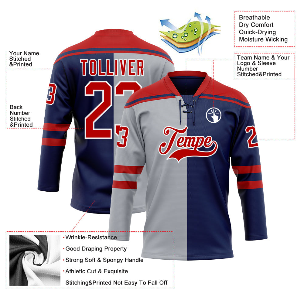 Custom Navy Red Gray-White Split Fashion Hockey Lace Neck Jersey view 5