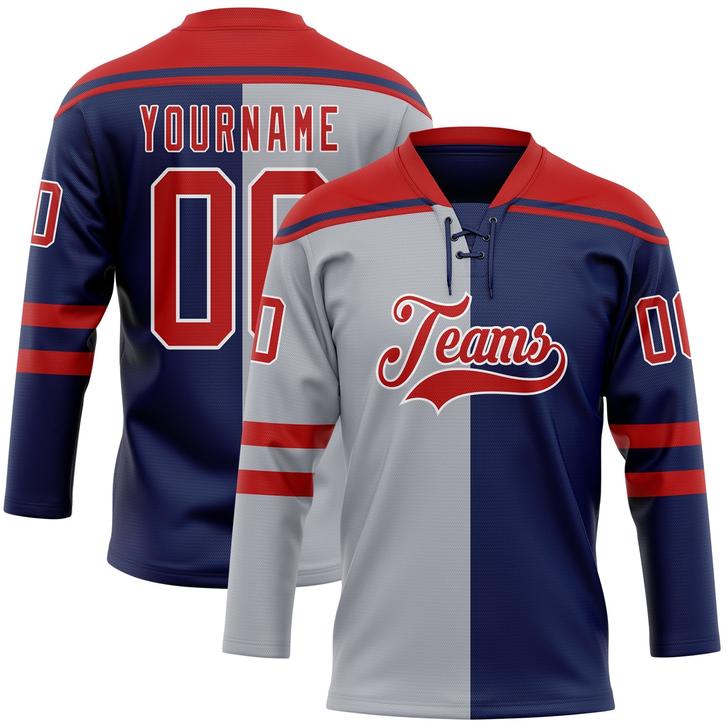 Custom Navy Red Gray-White Split Fashion Hockey Lace Neck Jersey - Main View