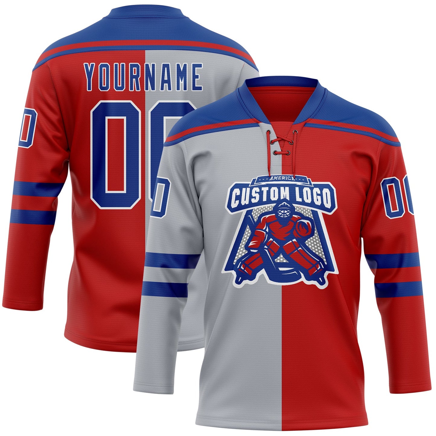 Custom Red Royal Gray-White Split Fashion Hockey Lace Neck Jersey view 2
