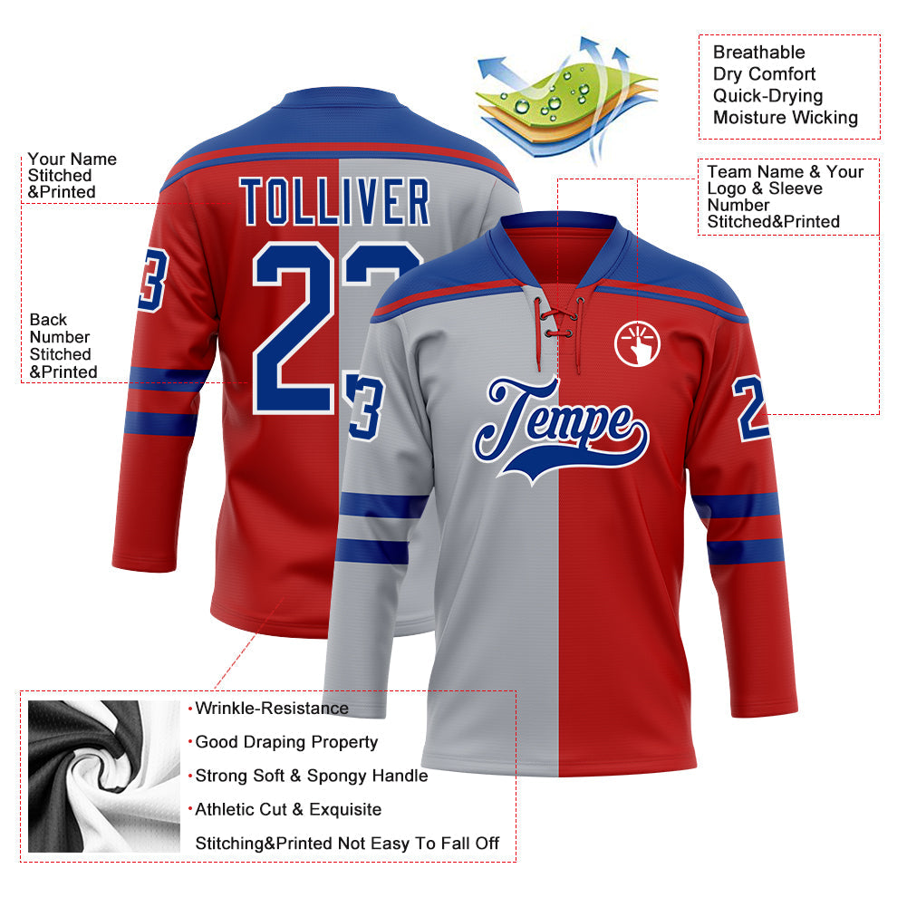 Custom Red Royal Gray-White Split Fashion Hockey Lace Neck Jersey view 5
