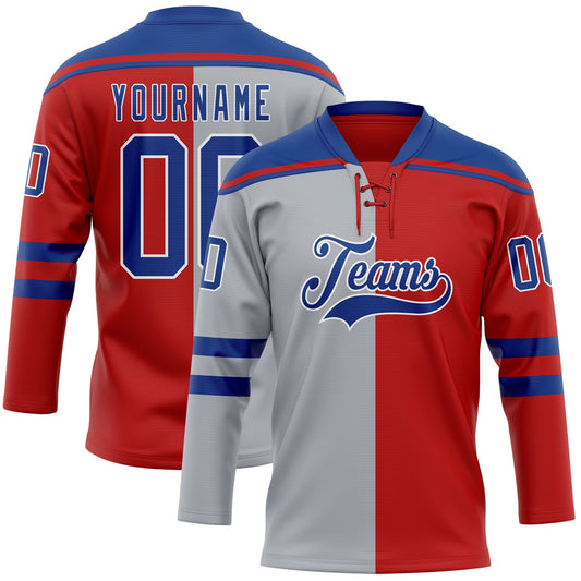 Custom Red Royal Gray-White Split Fashion Hockey Lace Neck Jersey - Main View