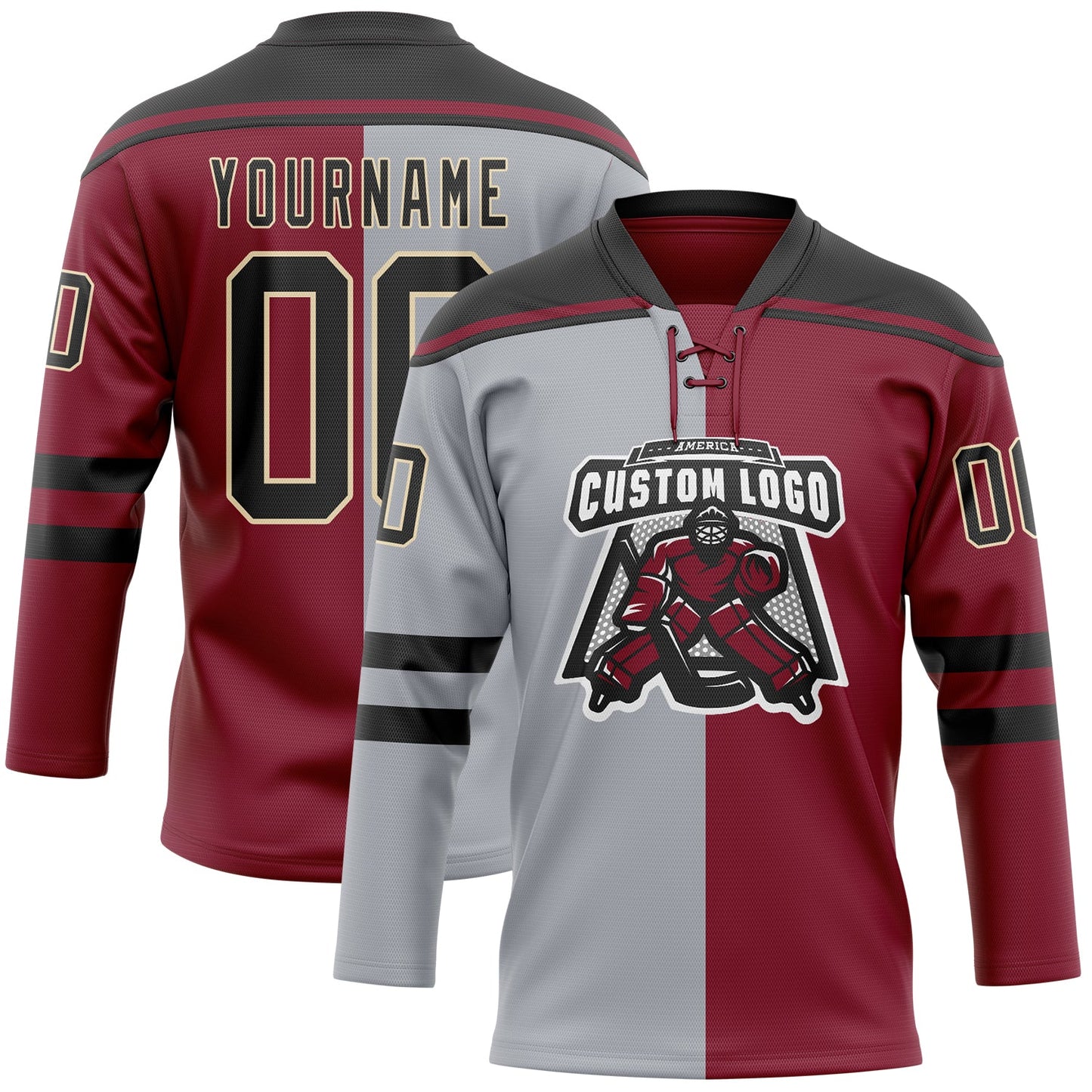 Custom Crimson Black Gray-Cream Split Fashion Hockey Lace Neck Jersey view 2