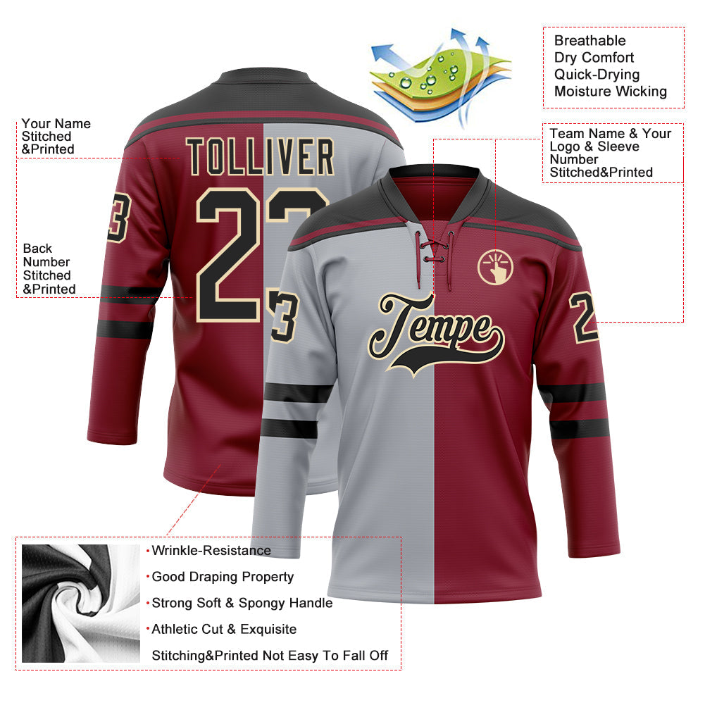 Custom Crimson Black Gray-Cream Split Fashion Hockey Lace Neck Jersey view 5