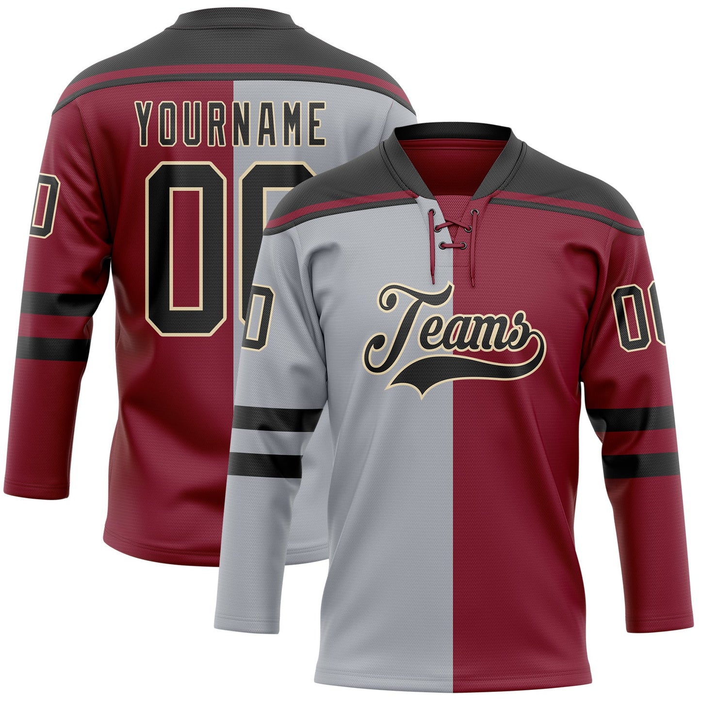 Custom Crimson Black Gray-Cream Split Fashion Hockey Lace Neck Jersey - Main View