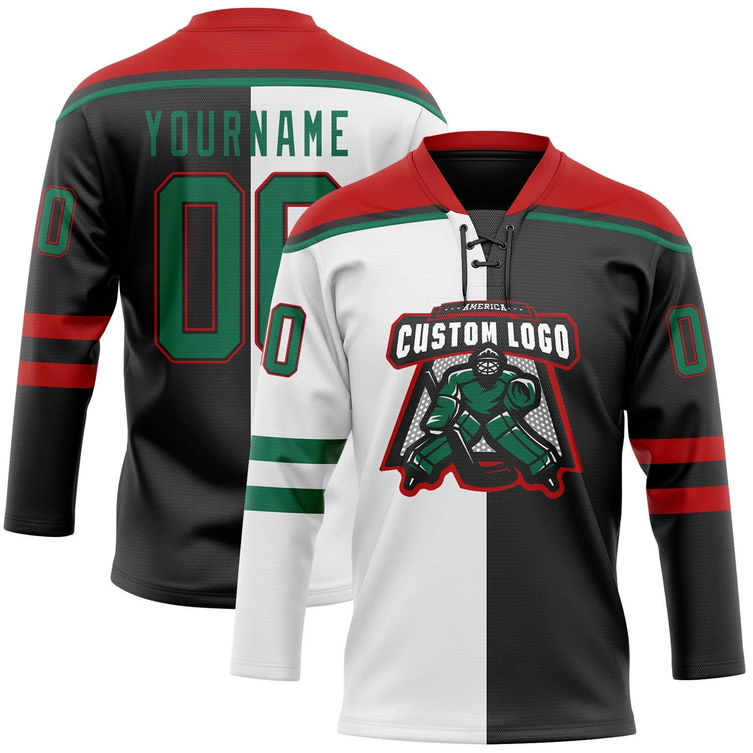 Custom Black Kelly Green White-Red Split Fashion Hockey Lace Neck Jersey view 2