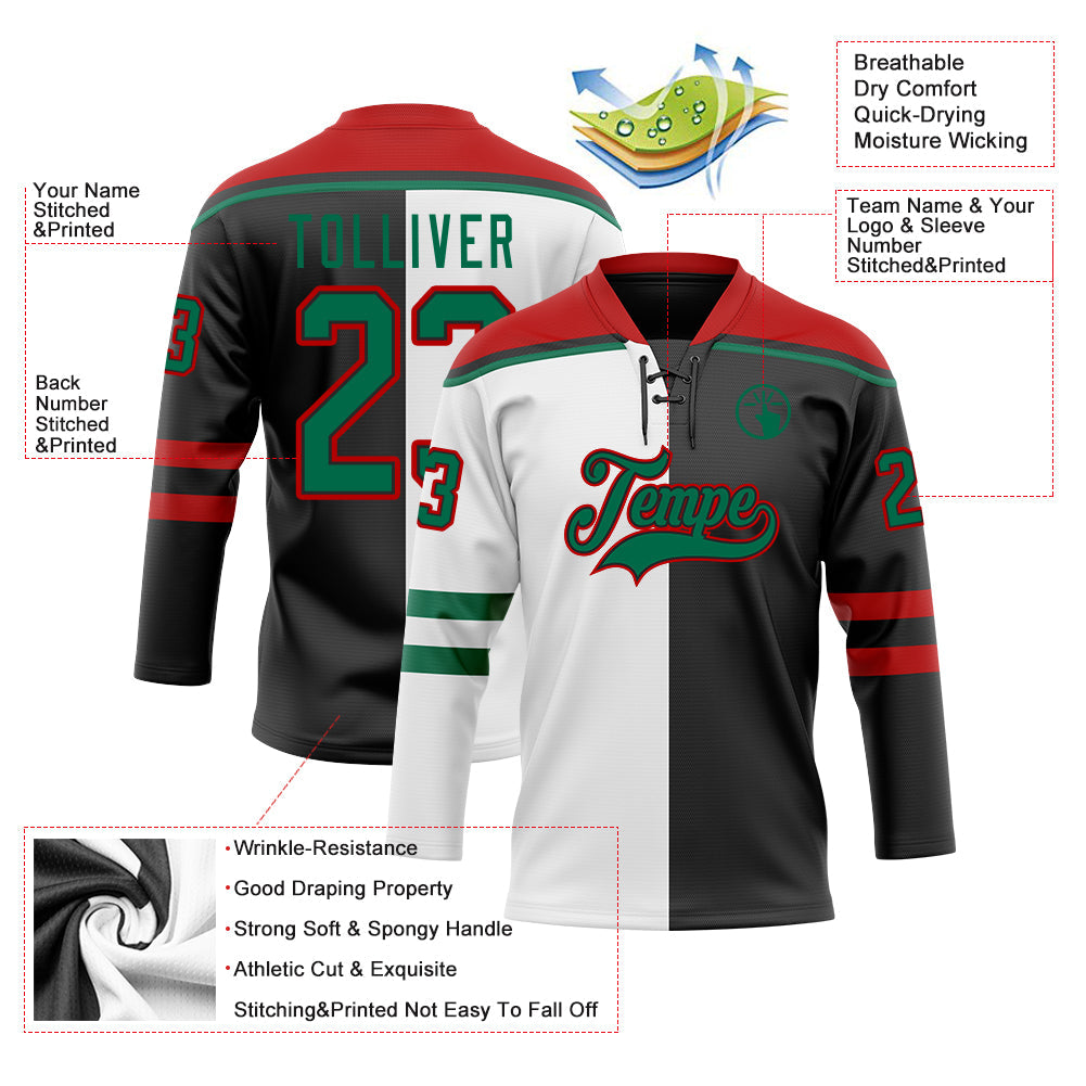 Custom Black Kelly Green White-Red Split Fashion Hockey Lace Neck Jersey view 5