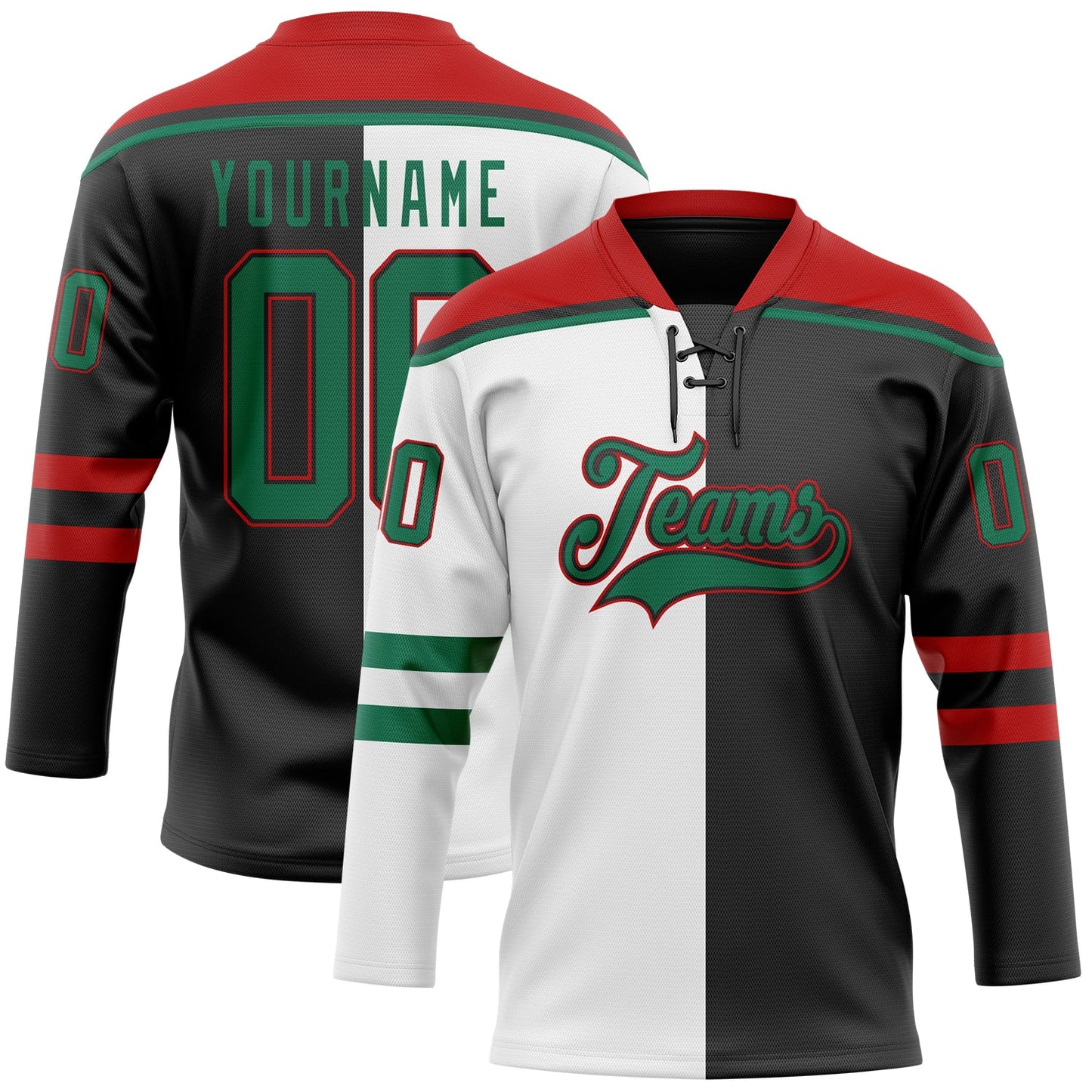 Custom Black Kelly Green White-Red Split Fashion Hockey Lace Neck Jersey - Main View