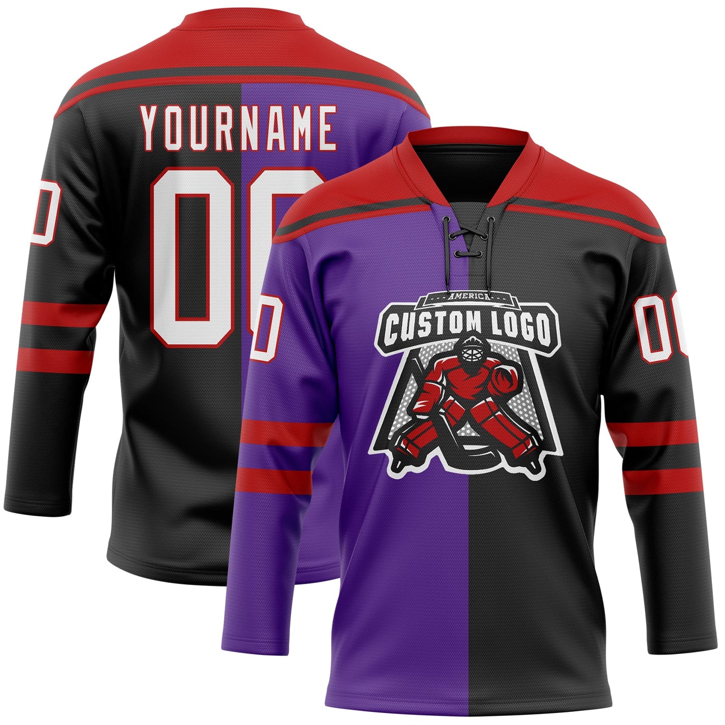 Custom Black White Purple-Red Split Fashion Hockey Lace Neck Jersey view 2