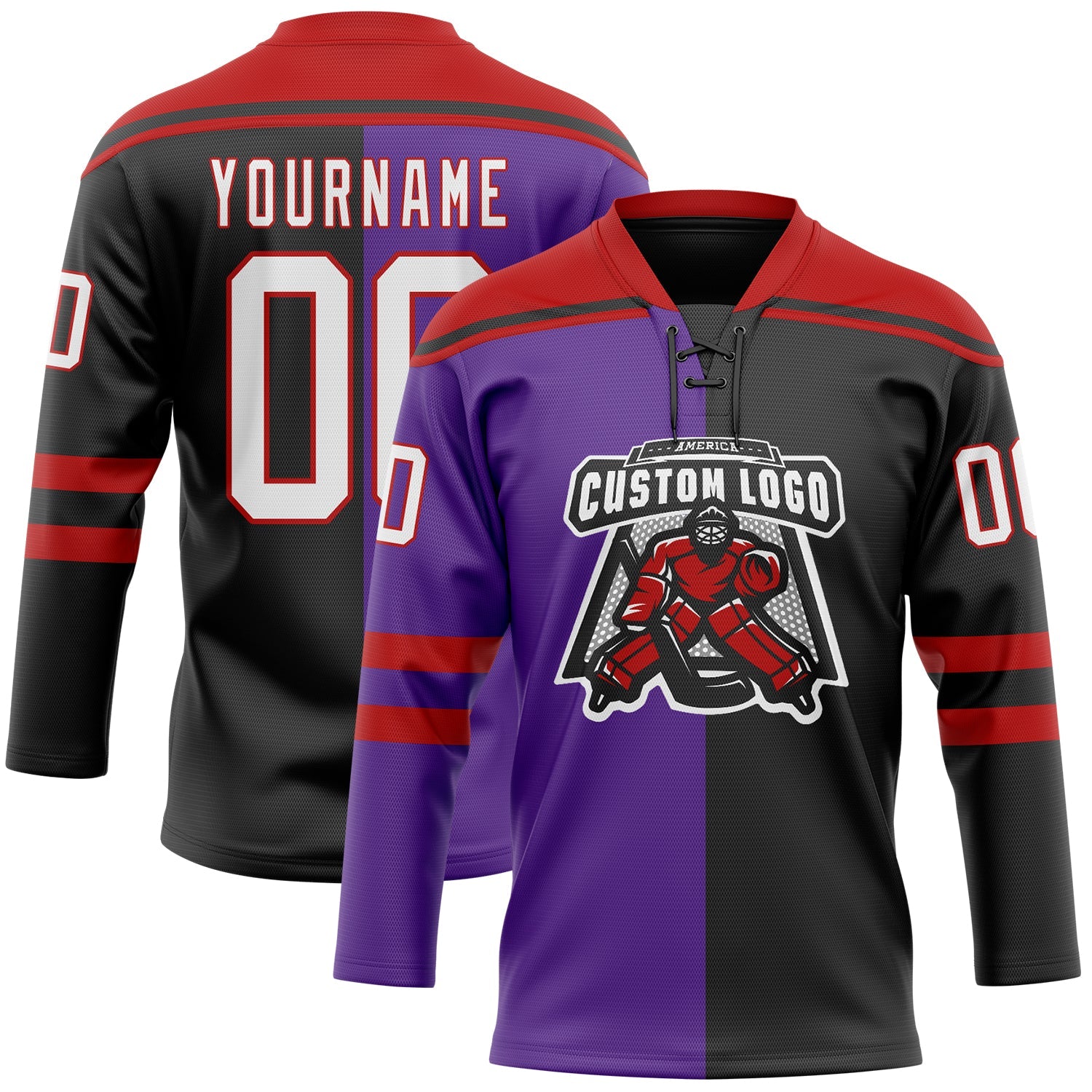 Custom Black White Purple-Red Split Fashion Hockey Lace Neck Jersey view 2