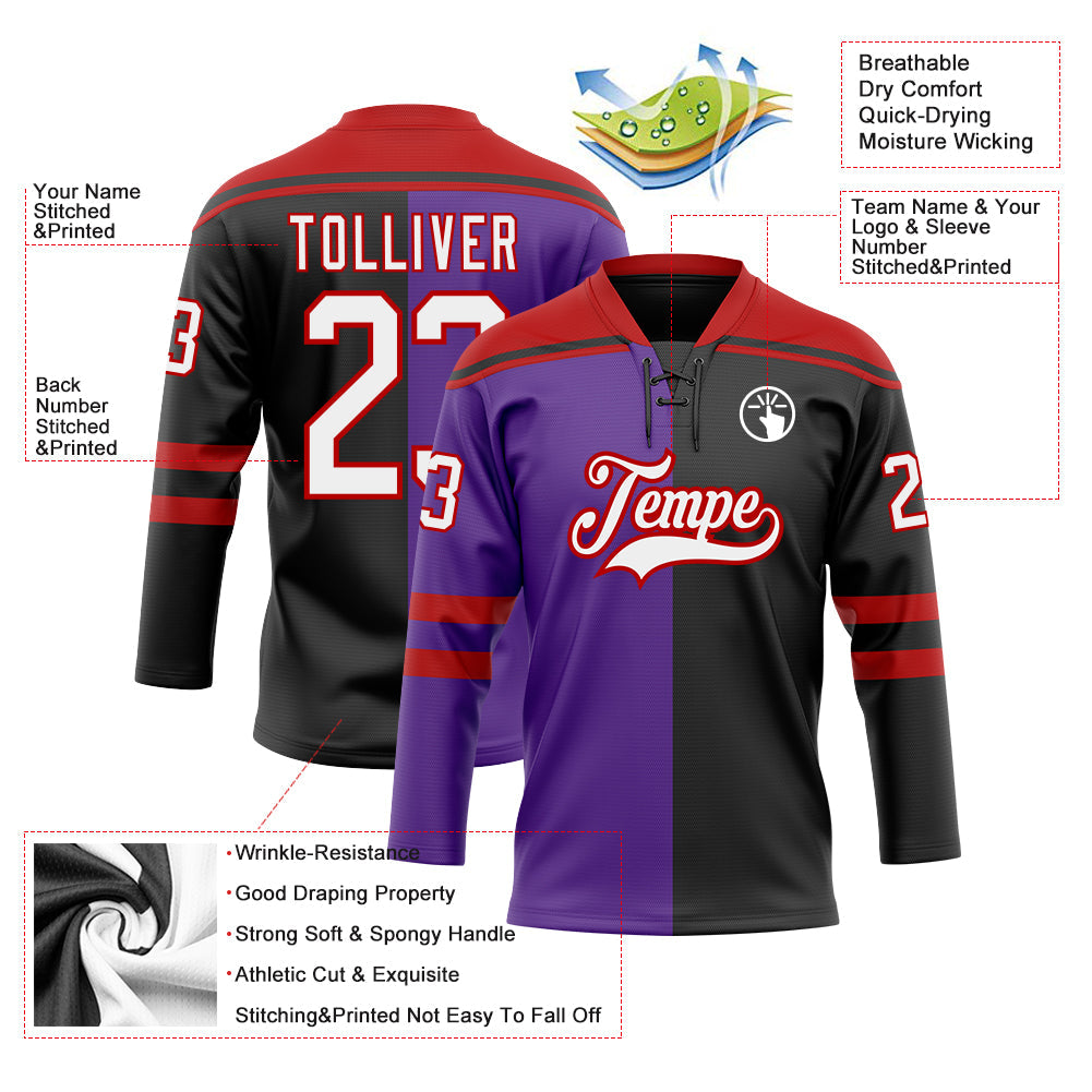 Custom Black White Purple-Red Split Fashion Hockey Lace Neck Jersey view 5