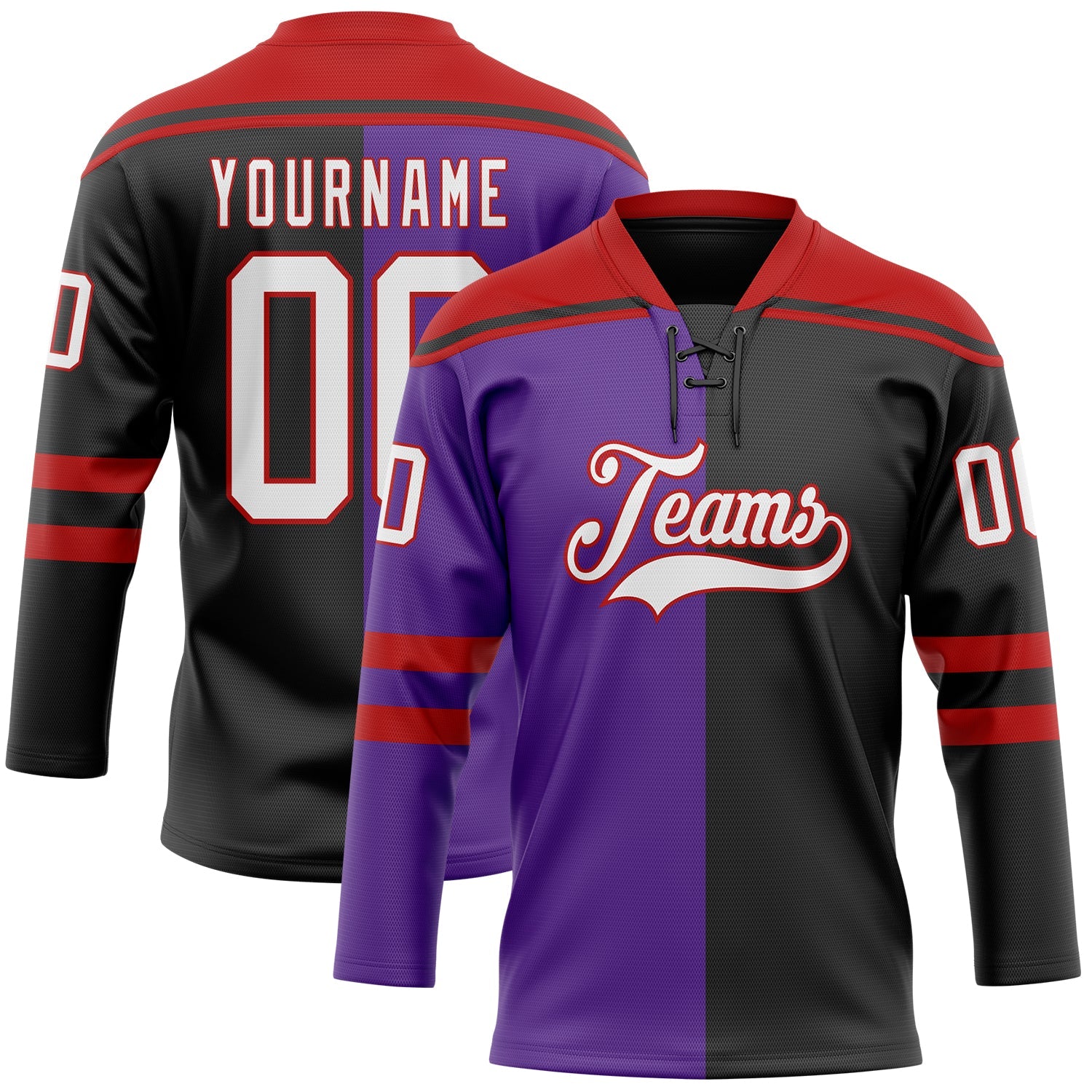 Custom Black White Purple-Red Split Fashion Hockey Lace Neck Jersey - Main View