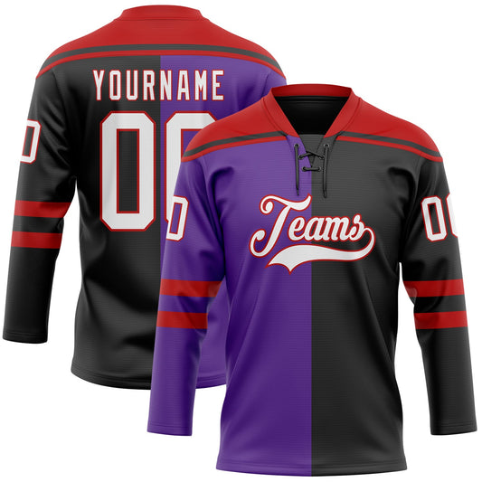 Custom Black White Purple-Red Split Fashion Hockey Lace Neck Jersey - Main View