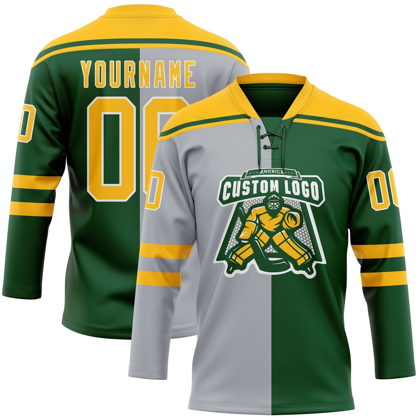 Custom Green Gold Gray-White Split Fashion Hockey Lace Neck Jersey view 2