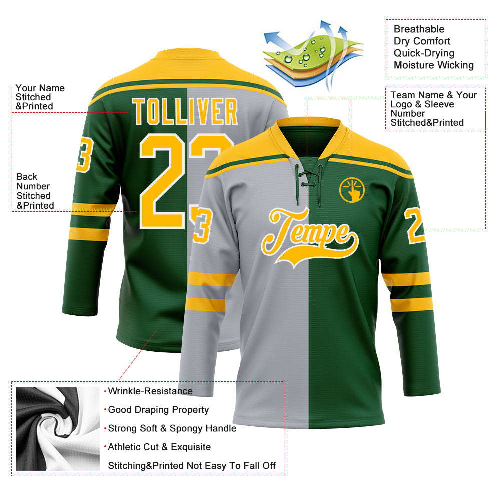 Custom Green Gold Gray-White Split Fashion Hockey Lace Neck Jersey view 5