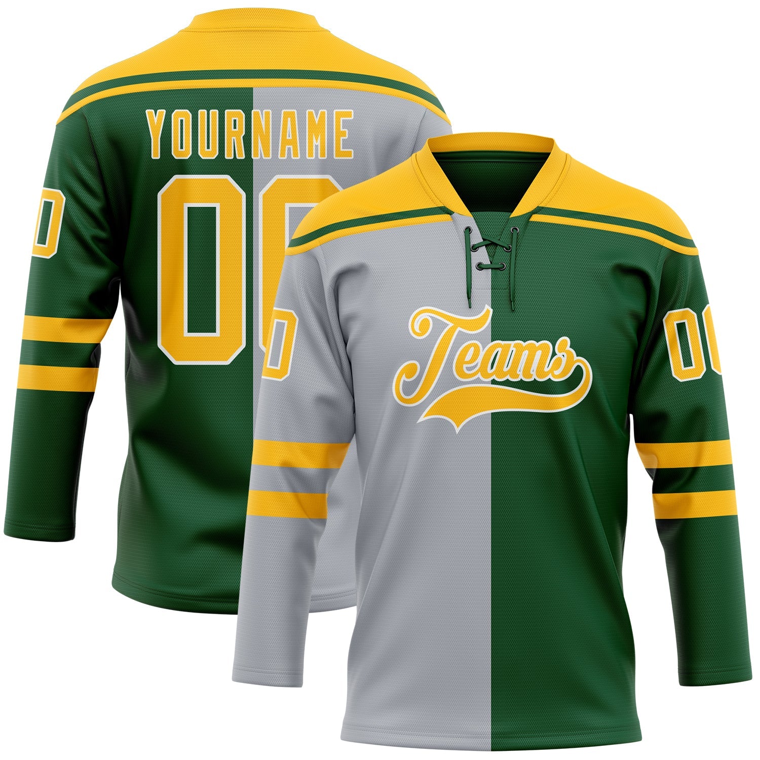 Custom Green Gold Gray-White Split Fashion Hockey Lace Neck Jersey - Main View