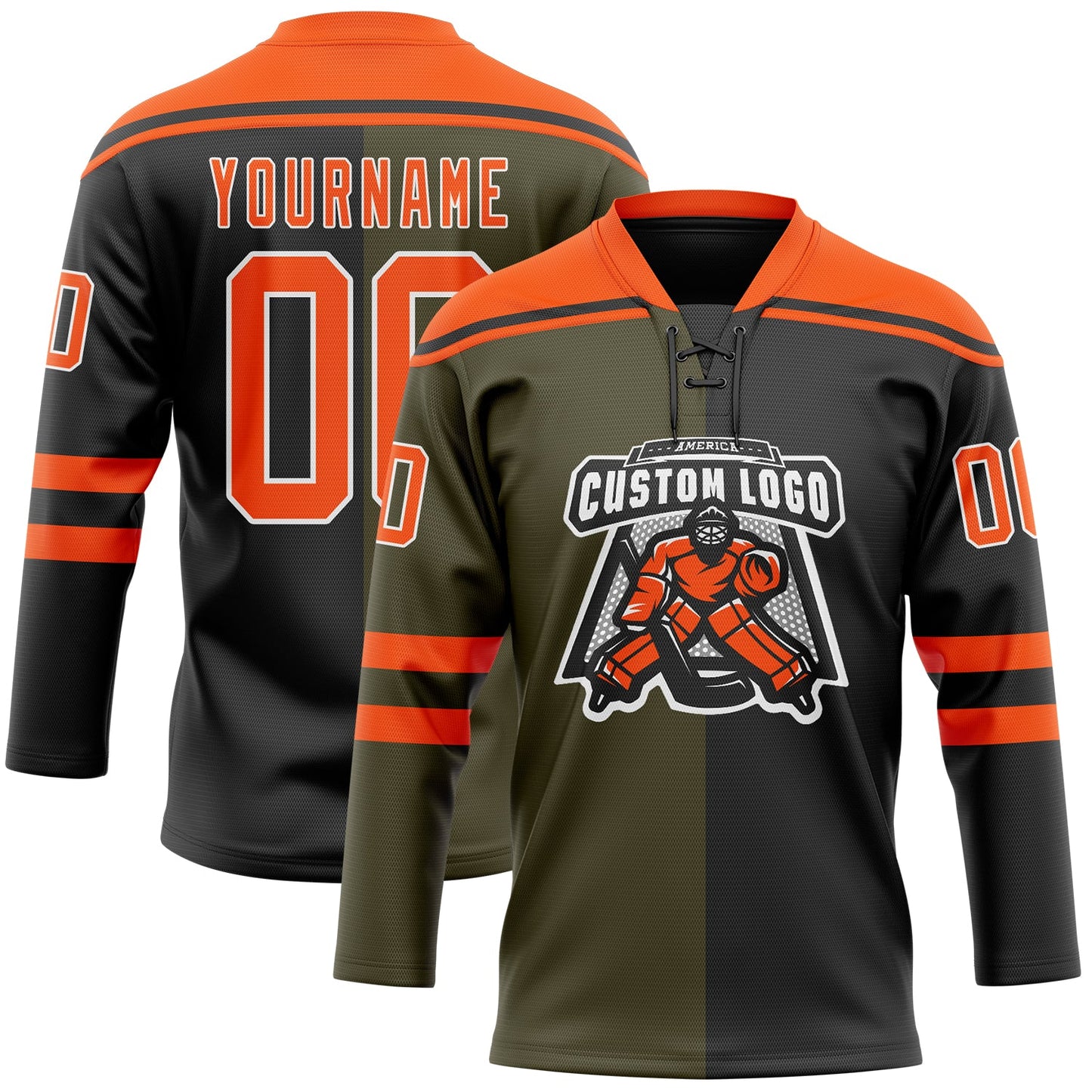 Custom Black Orange Olive-White Split Fashion Hockey Lace Neck Jersey view 2