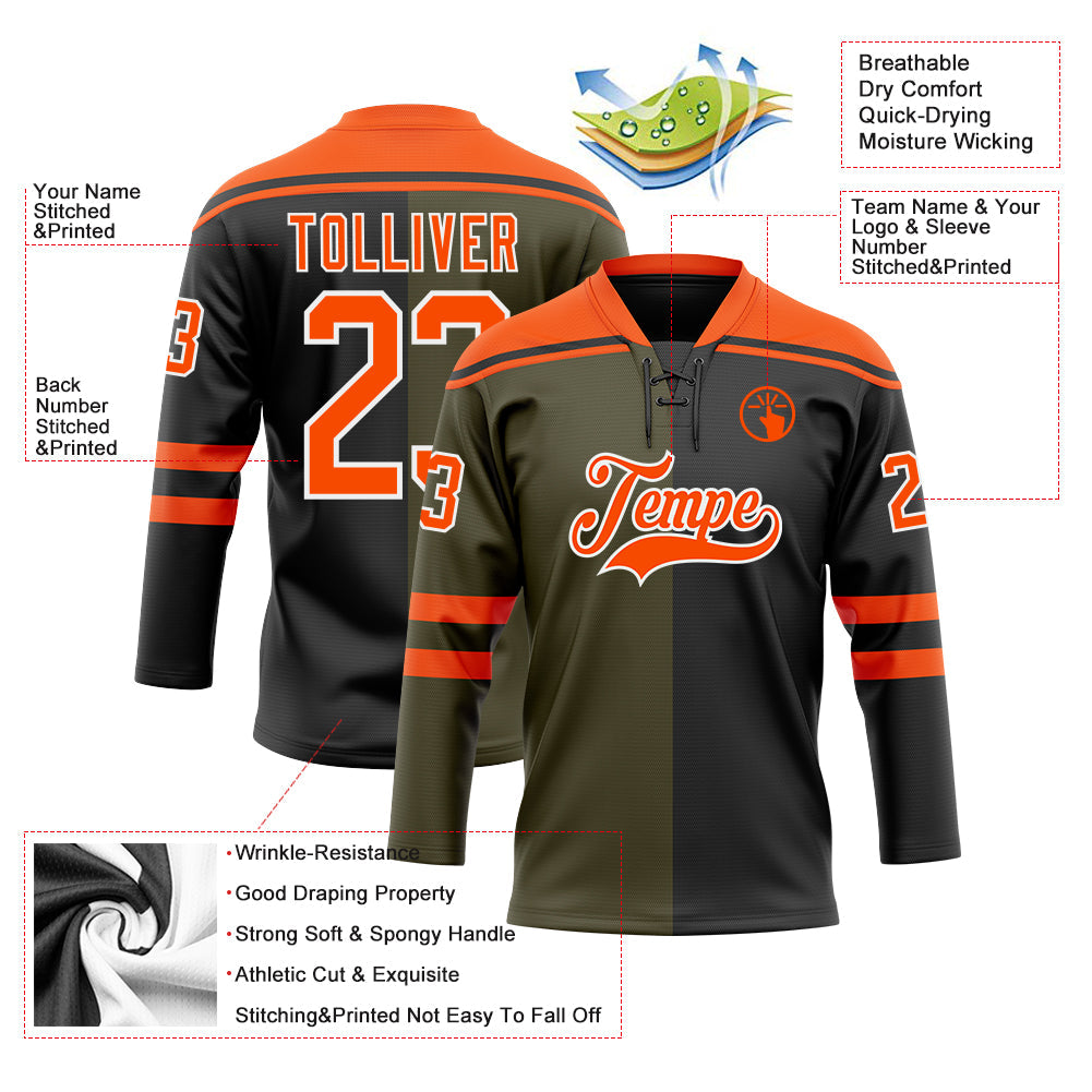 Custom Black Orange Olive-White Split Fashion Hockey Lace Neck Jersey view 5