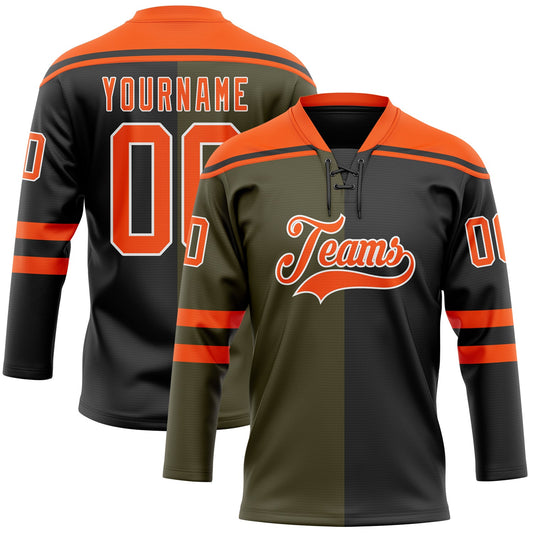 Custom Black Orange Olive-White Split Fashion Hockey Lace Neck Jersey - Main View