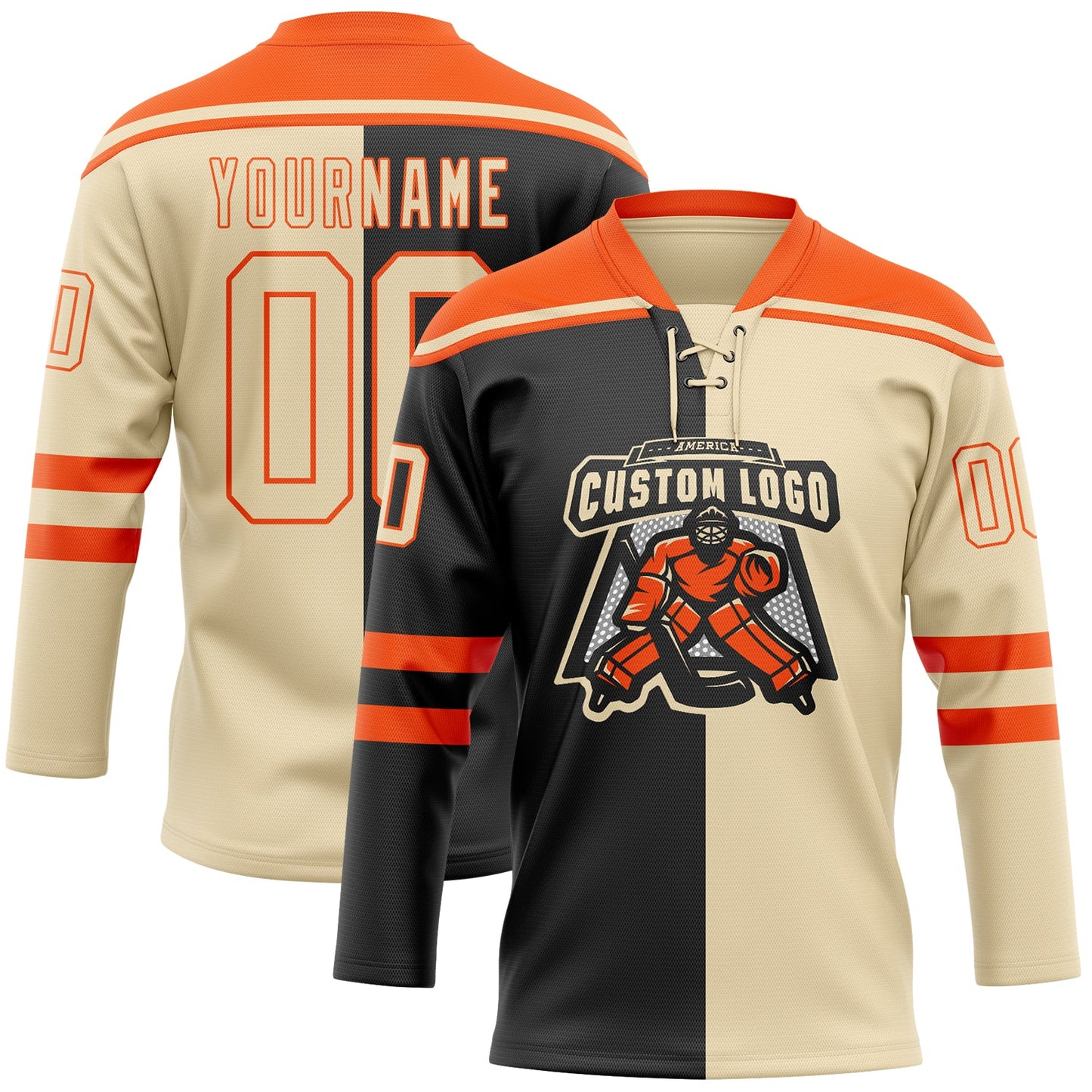 Custom Cream Black-Orange Split Fashion Hockey Lace Neck Jersey view 2