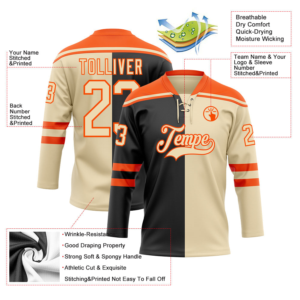 Custom Cream Black-Orange Split Fashion Hockey Lace Neck Jersey view 5