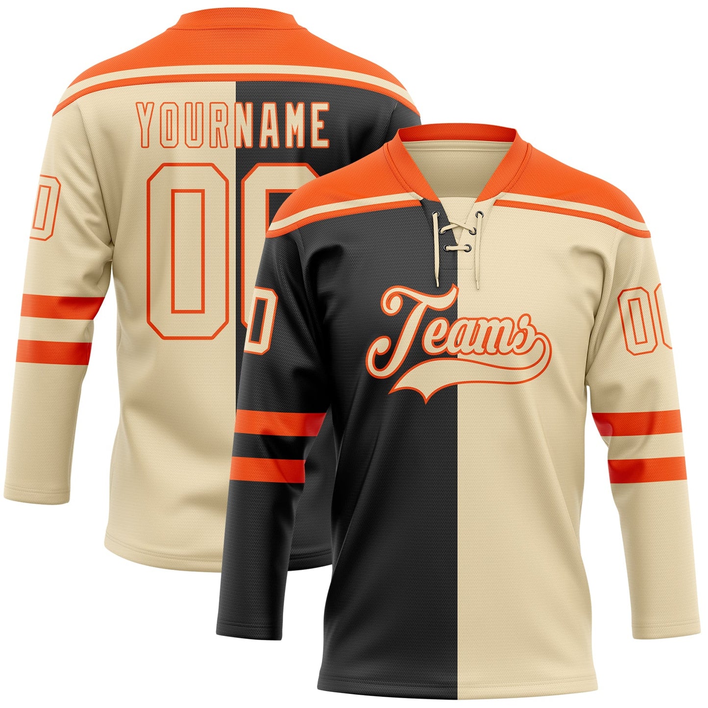 Custom Cream Black-Orange Split Fashion Hockey Lace Neck Jersey - Main View