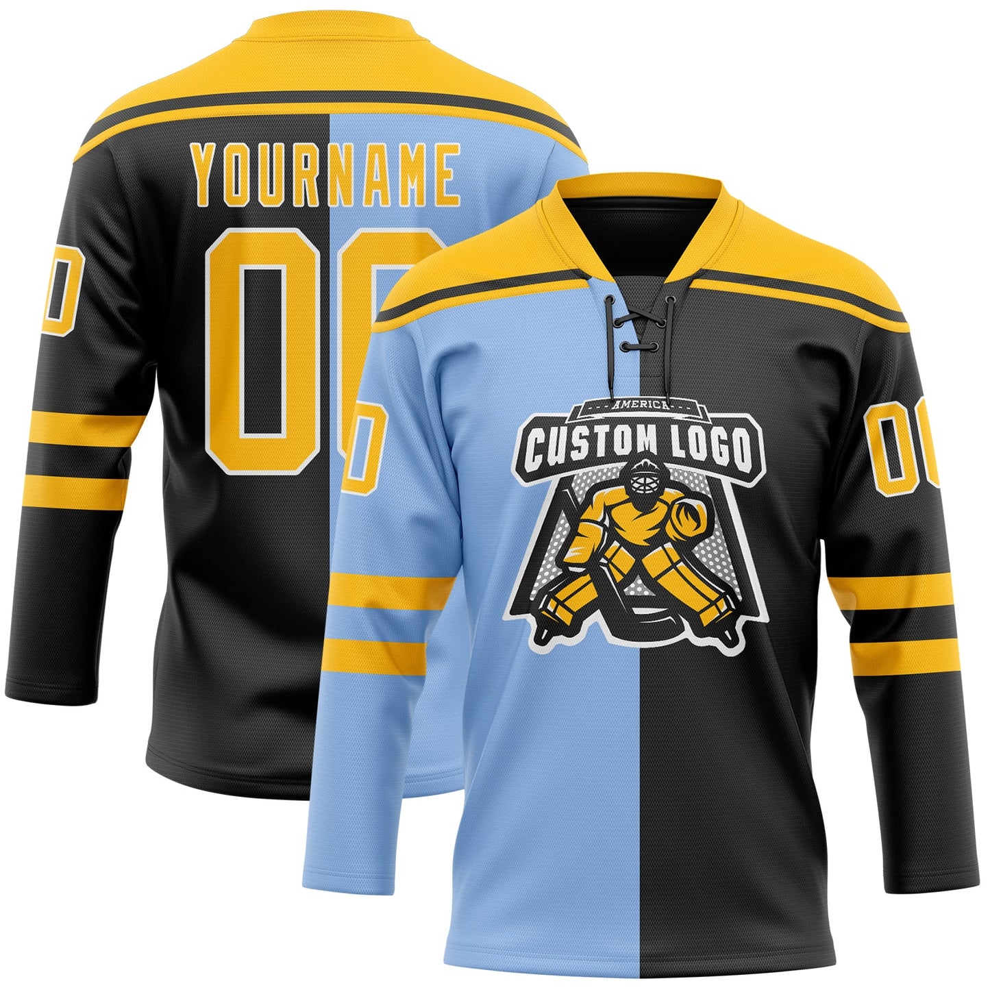 Custom Black Gold Light Blue-White Split Fashion Hockey Lace Neck Jersey view 2