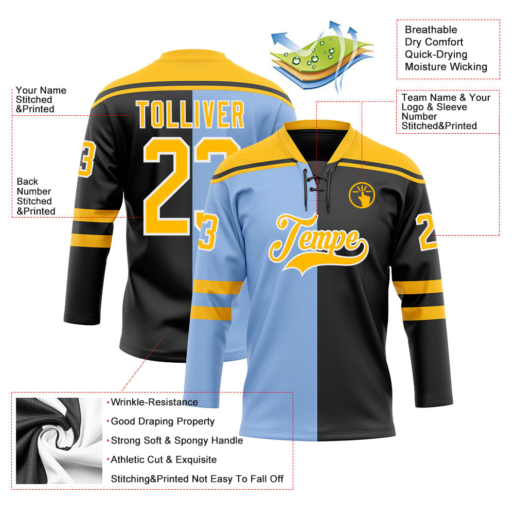 Custom Black Gold Light Blue-White Split Fashion Hockey Lace Neck Jersey view 5