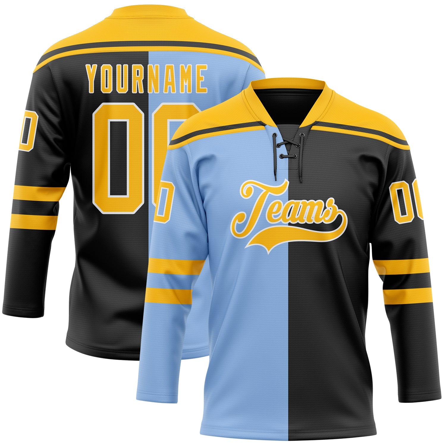 Custom Black Gold Light Blue-White Split Fashion Hockey Lace Neck Jersey - Main View