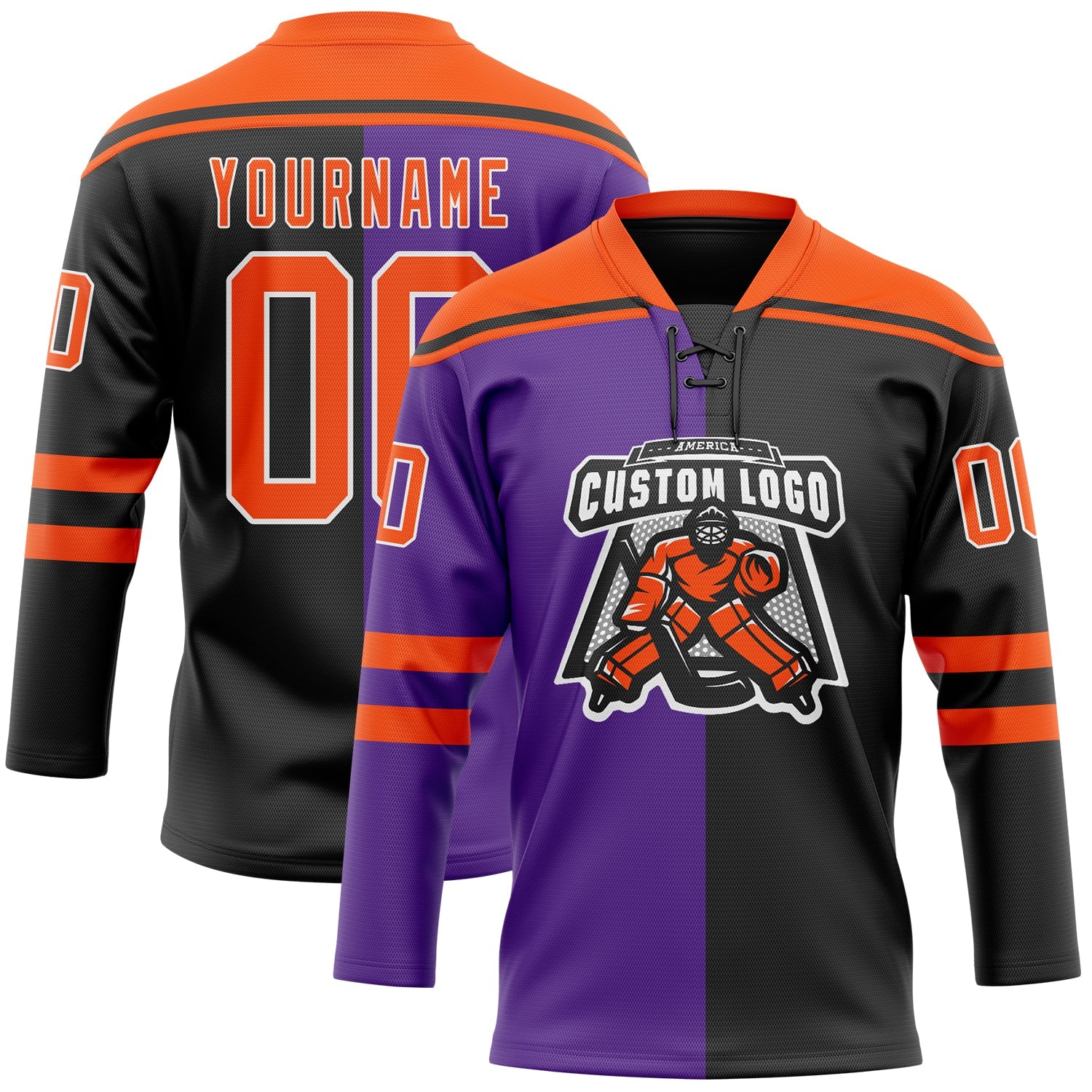 Custom Black Orange Purple-White Split Fashion Hockey Lace Neck Jersey view 2