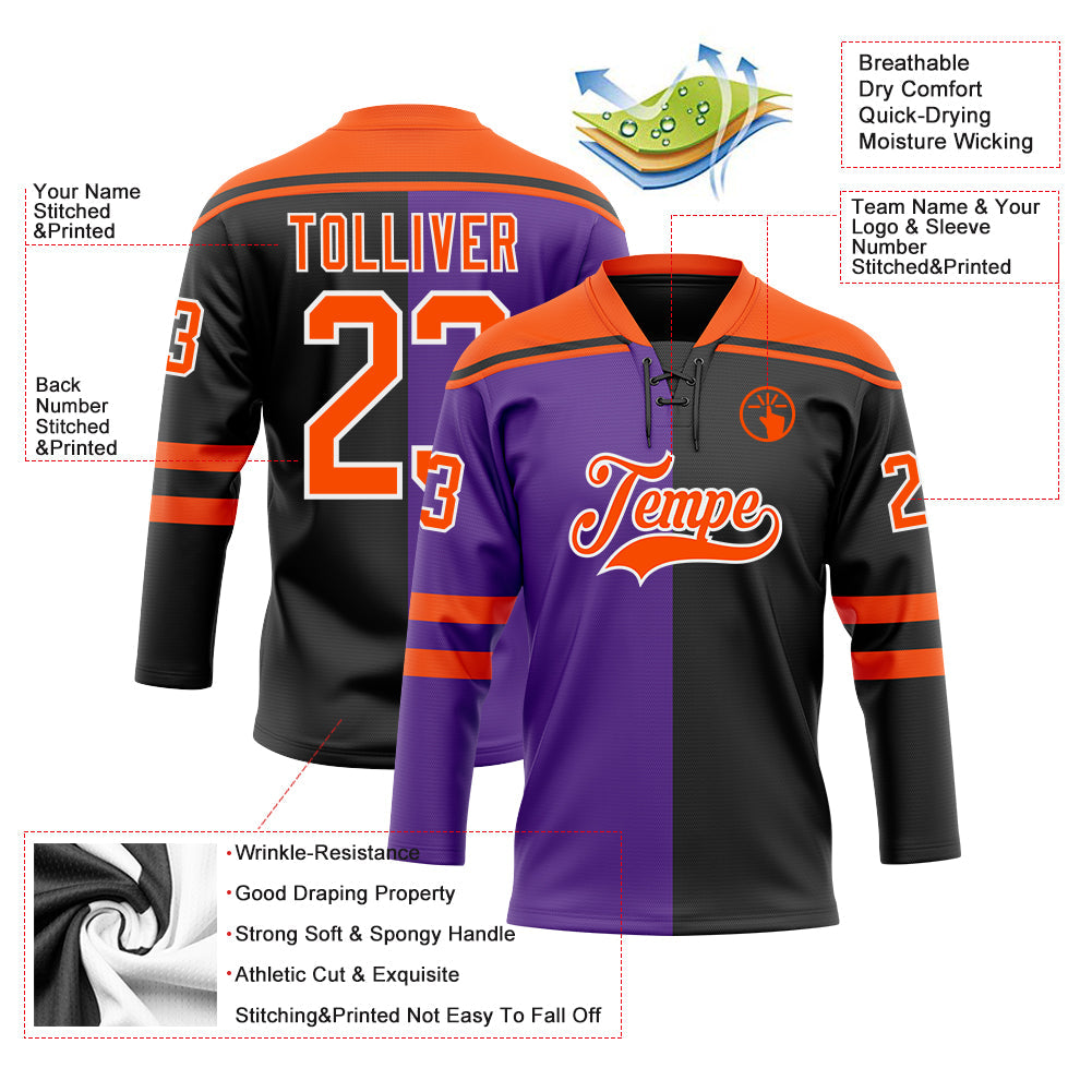 Custom Black Orange Purple-White Split Fashion Hockey Lace Neck Jersey view 5