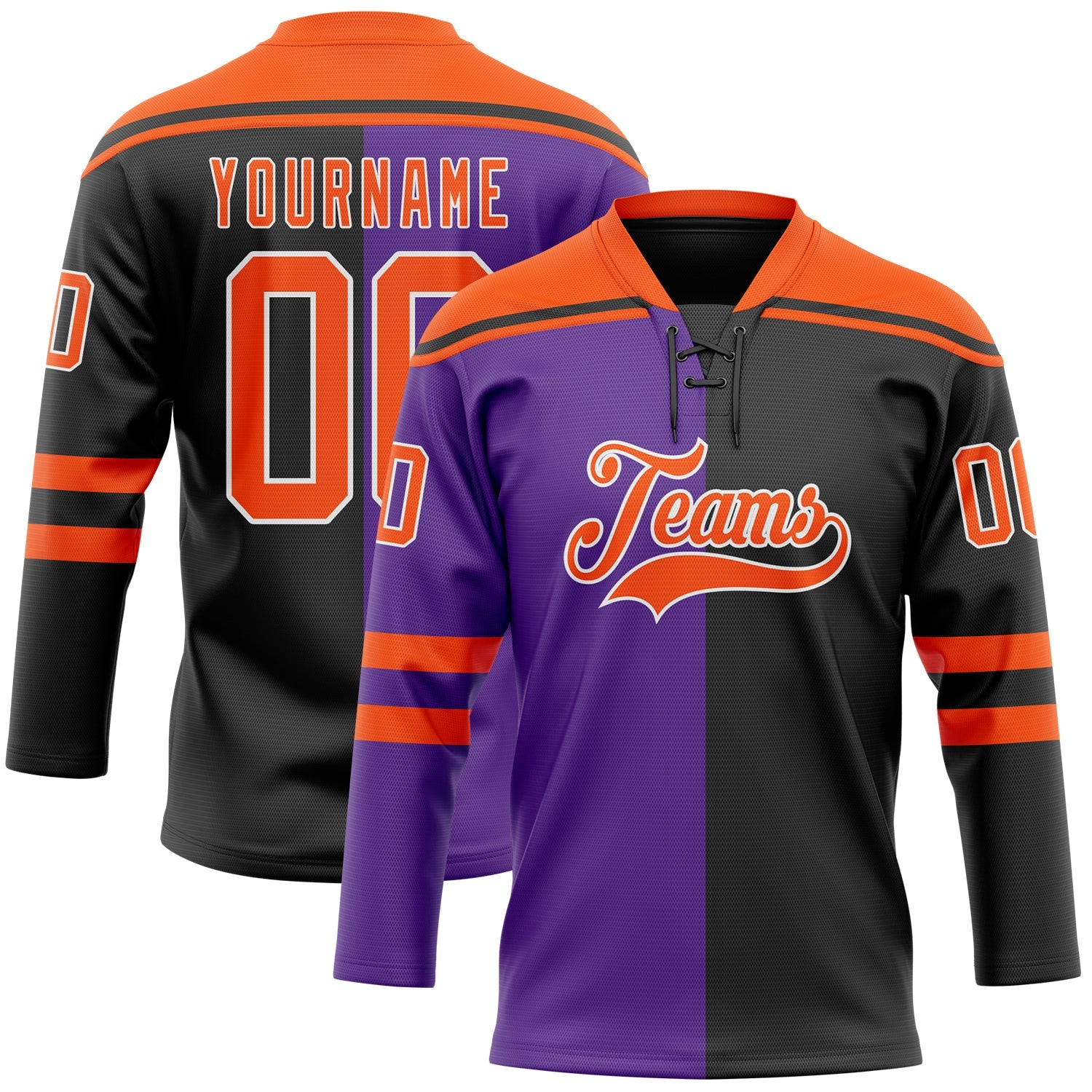 Custom Black Orange Purple-White Split Fashion Hockey Lace Neck Jersey - Main View