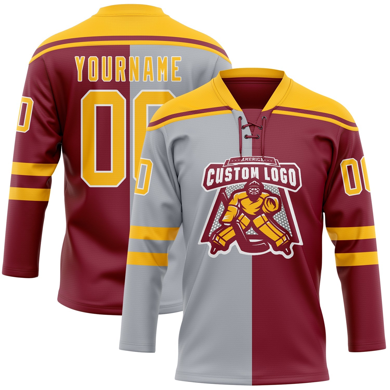 Custom Crimson Gold Gray-White Split Fashion Hockey Lace Neck Jersey view 2