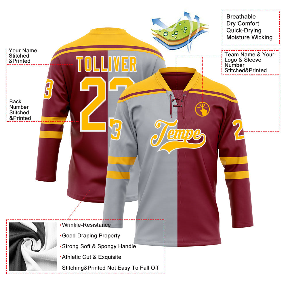 Custom Crimson Gold Gray-White Split Fashion Hockey Lace Neck Jersey view 5