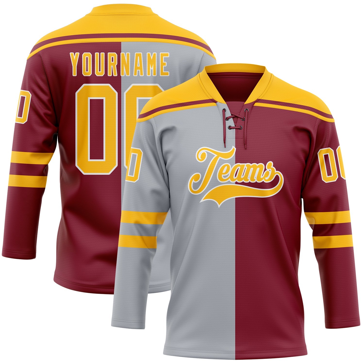 Custom Crimson Gold Gray-White Split Fashion Hockey Lace Neck Jersey - Main View