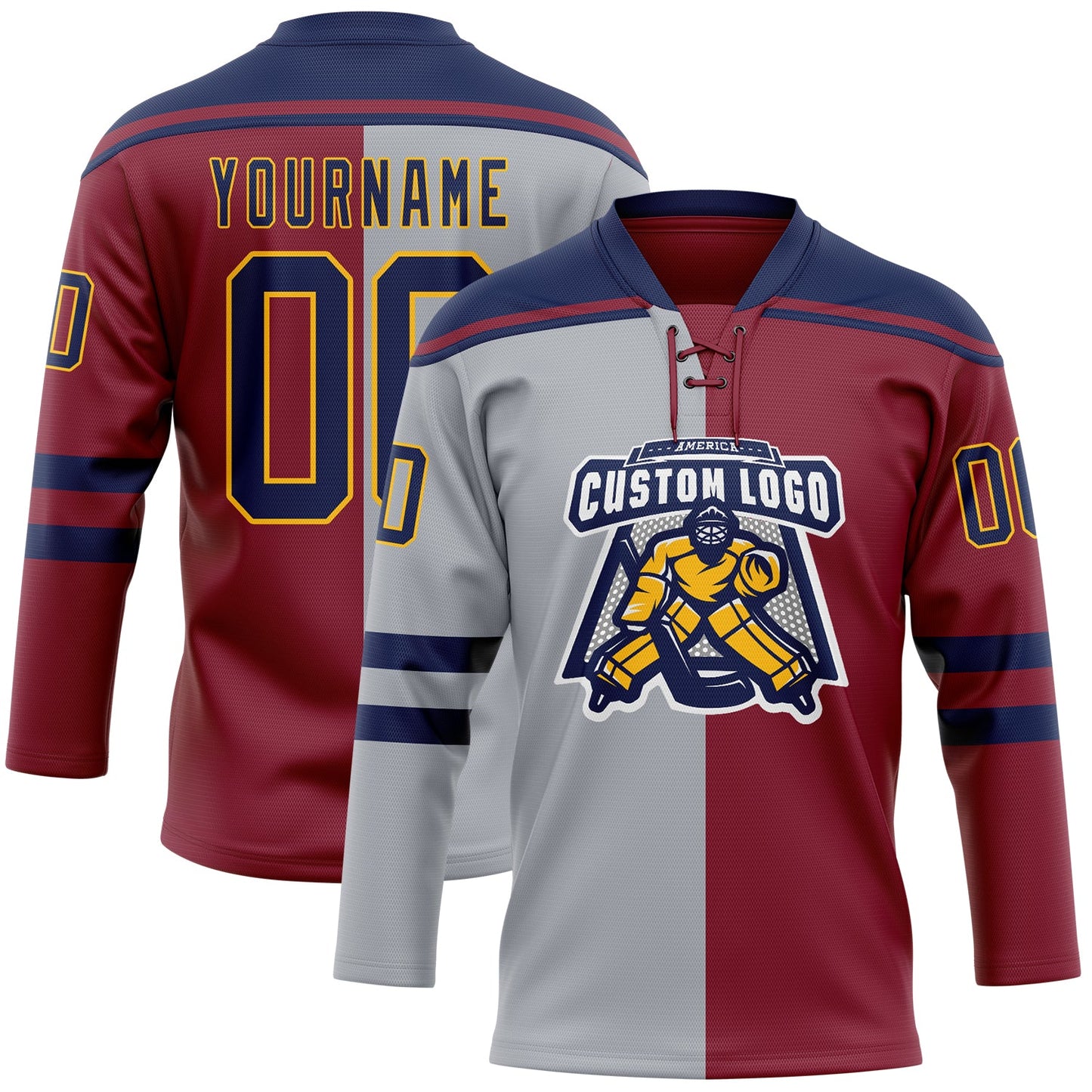 Custom Crimson Navy Gray-Gold Split Fashion Hockey Lace Neck Jersey view 2