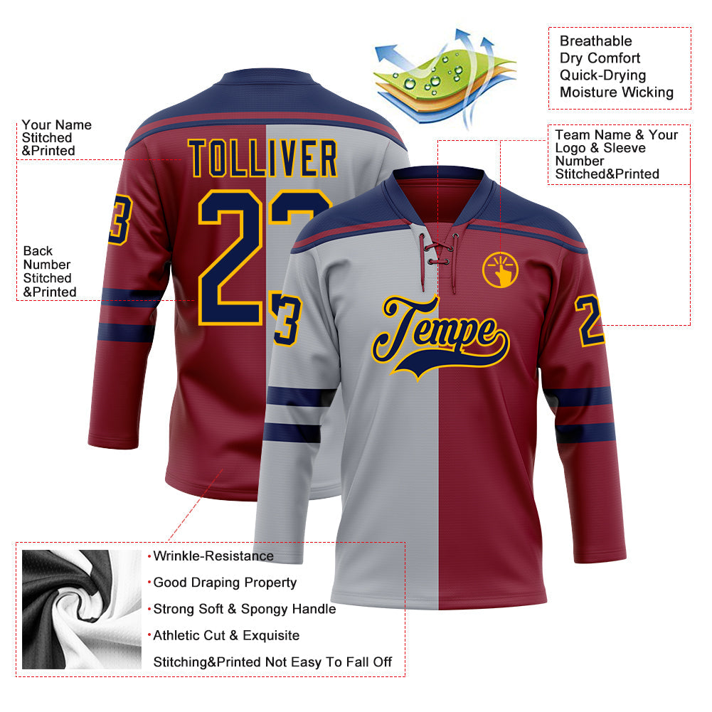Custom Crimson Navy Gray-Gold Split Fashion Hockey Lace Neck Jersey view 5