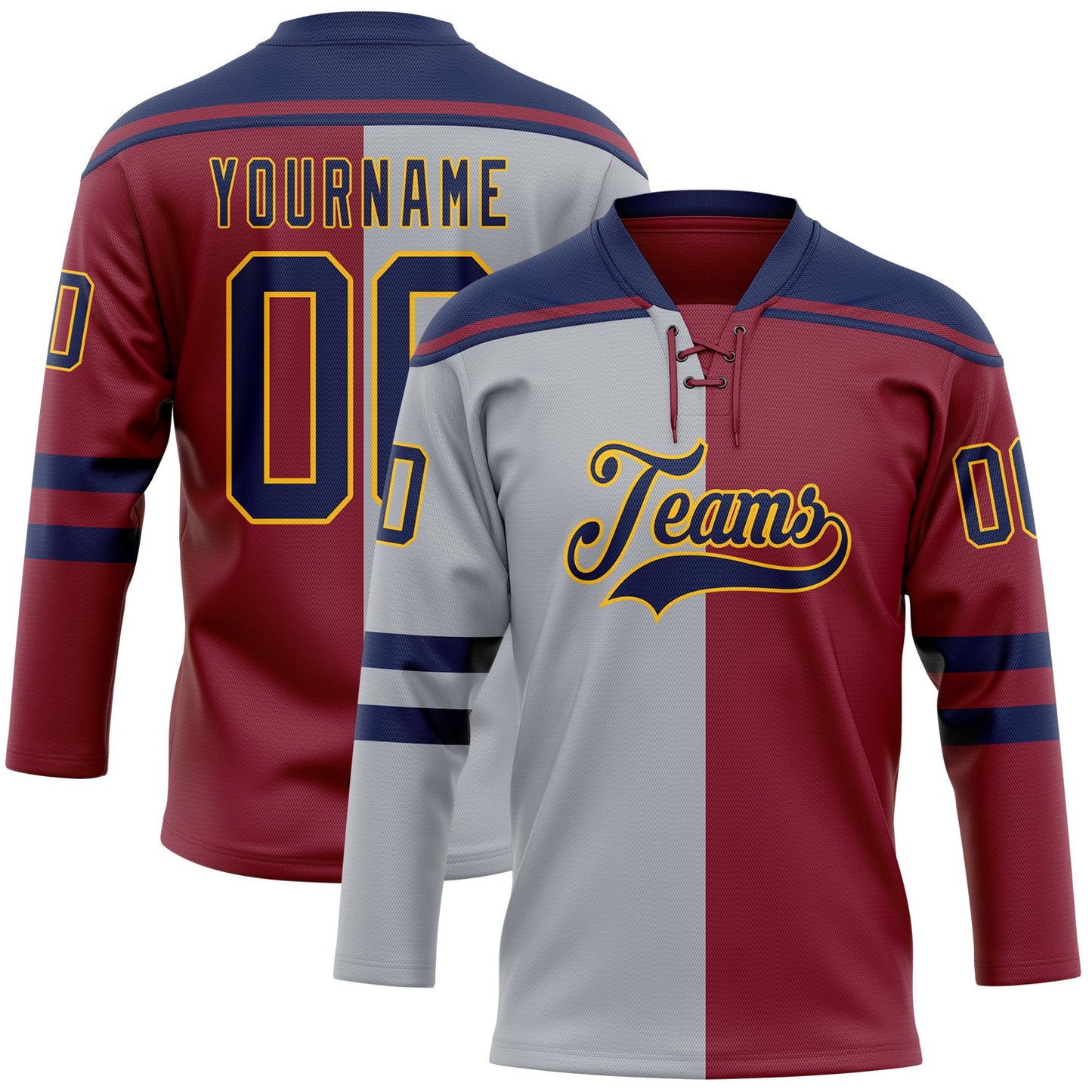 Custom Crimson Navy Gray-Gold Split Fashion Hockey Lace Neck Jersey - Main View