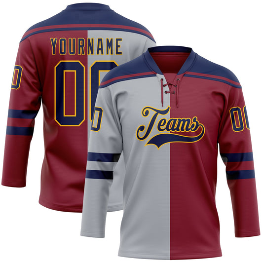 Custom Crimson Navy Gray-Gold Split Fashion Hockey Lace Neck Jersey - Main View