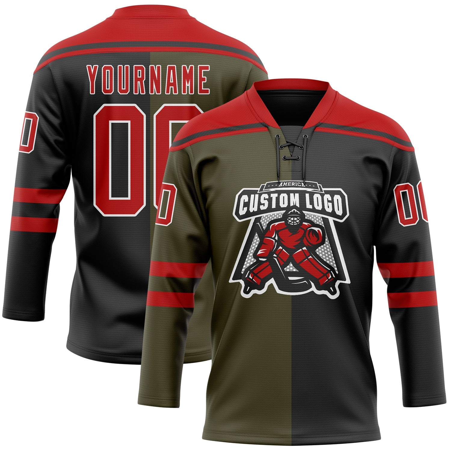 Custom Black Red Olive-White Split Fashion Hockey Lace Neck Jersey view 2