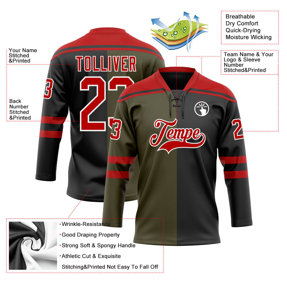 Custom Black Red Olive-White Split Fashion Hockey Lace Neck Jersey view 5