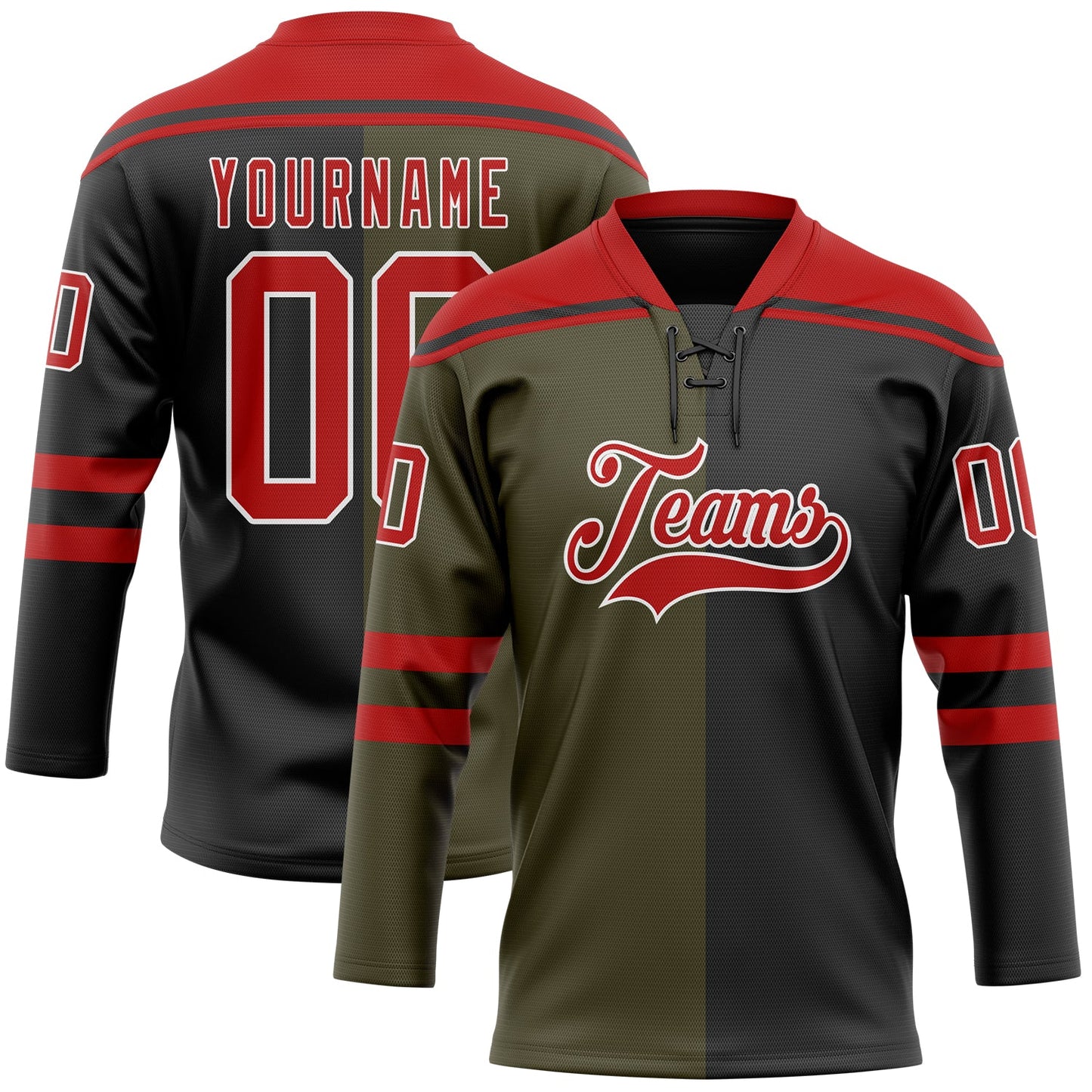 Custom Black Red Olive-White Split Fashion Hockey Lace Neck Jersey - Main View