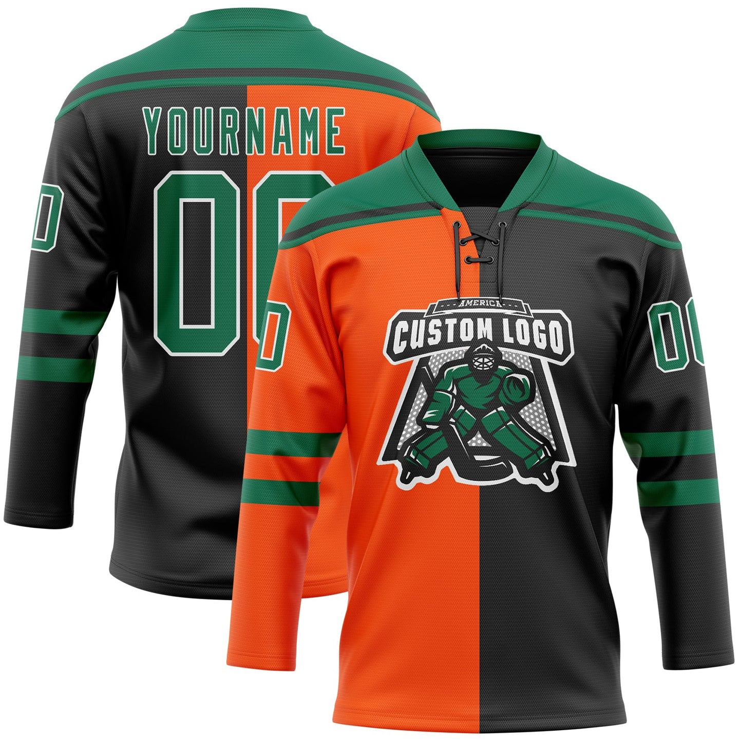 Custom Black Kelly Green Orange-White Split Fashion Hockey Lace Neck Jersey view 2