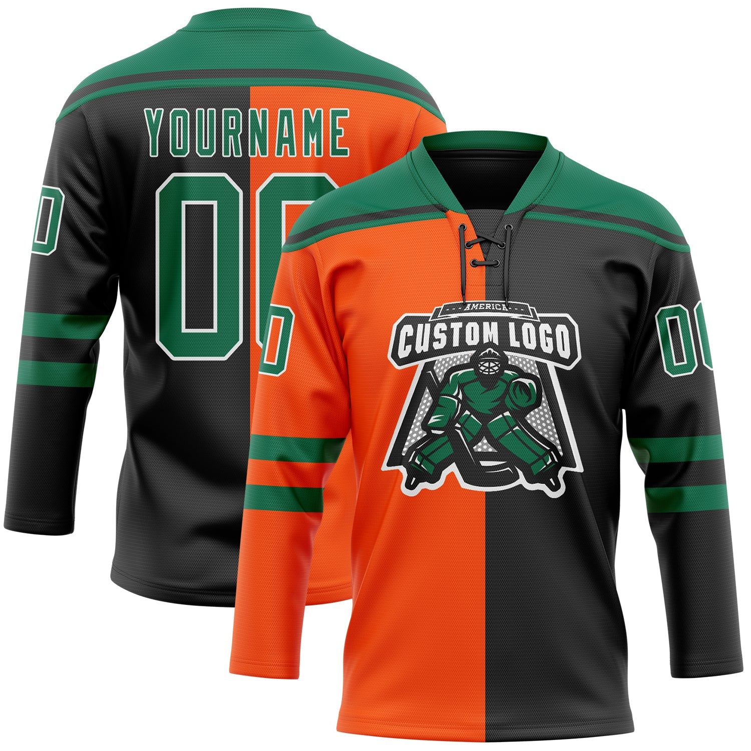 Custom Black Kelly Green Orange-White Split Fashion Hockey Lace Neck Jersey view 2