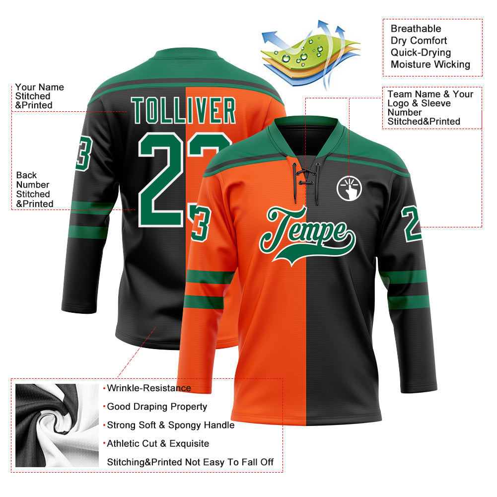 Custom Black Kelly Green Orange-White Split Fashion Hockey Lace Neck Jersey view 5