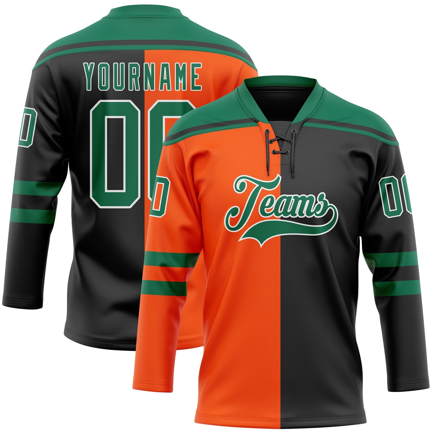 Custom Black Kelly Green Orange-White Split Fashion Hockey Lace Neck Jersey - Main View