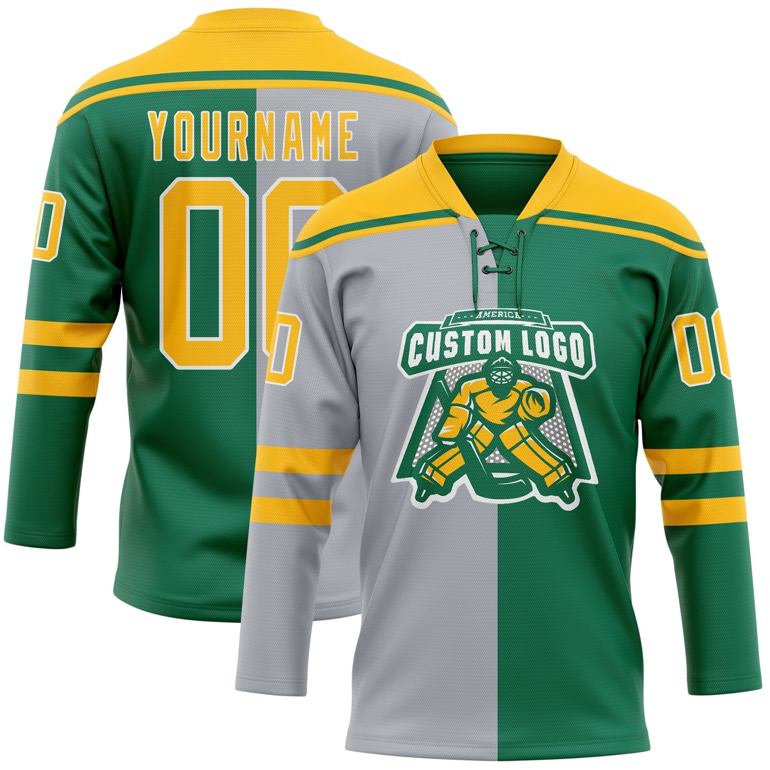 Custom Kelly Green Gold Gray-White Split Fashion Hockey Lace Neck Jersey view 2