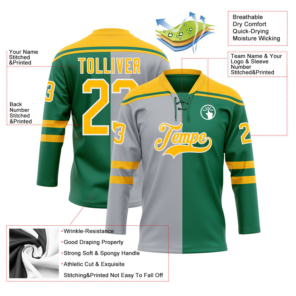 Custom Kelly Green Gold Gray-White Split Fashion Hockey Lace Neck Jersey view 5