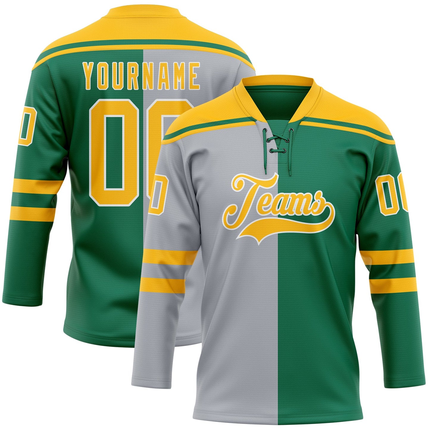 Custom Kelly Green Gold Gray-White Split Fashion Hockey Lace Neck Jersey - Main View